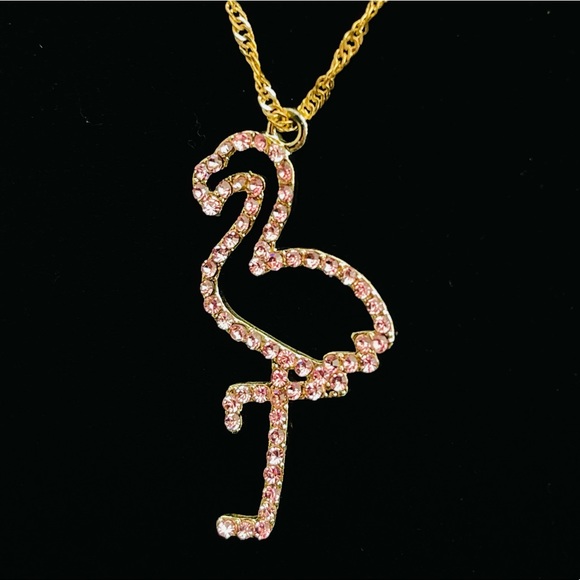 🔴🔴 NEW Pink Flamingo Rhinestone Necklace Chain Necklace Pink - Picture 3 of 13